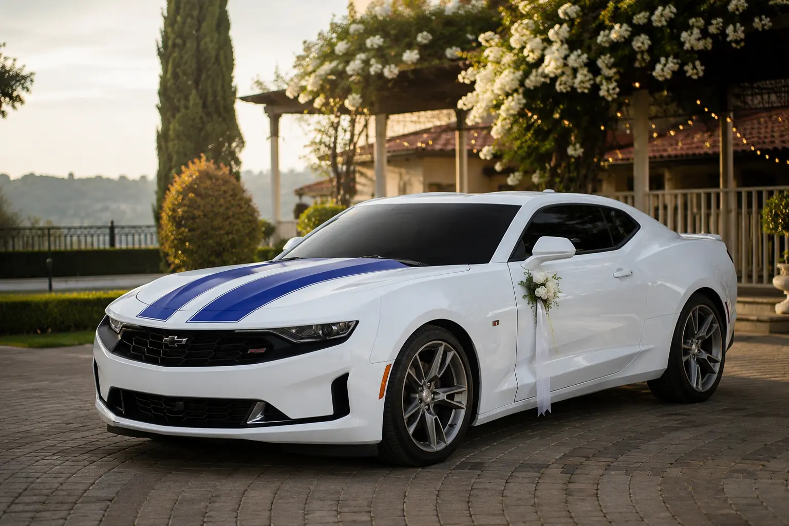 Front three-quarter view of the white Chevrolet Camaro RS bridal car with blue rally stripes