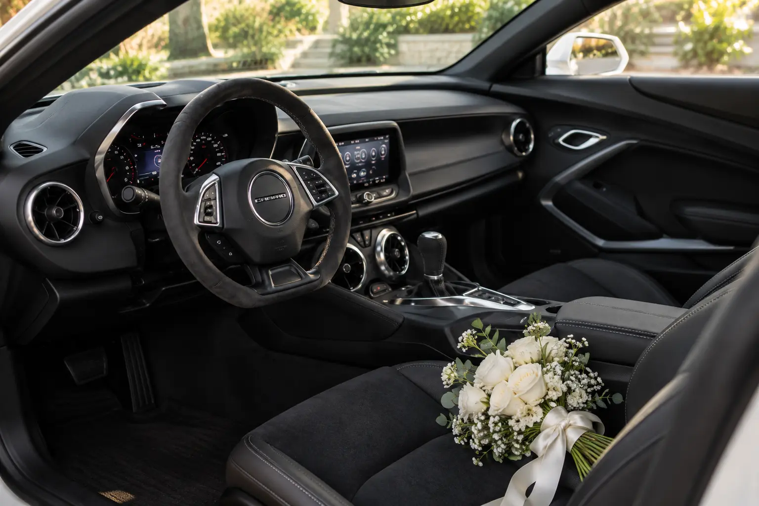 Interior of the Camaro RS with a white bridal bouquet on the passenger seat