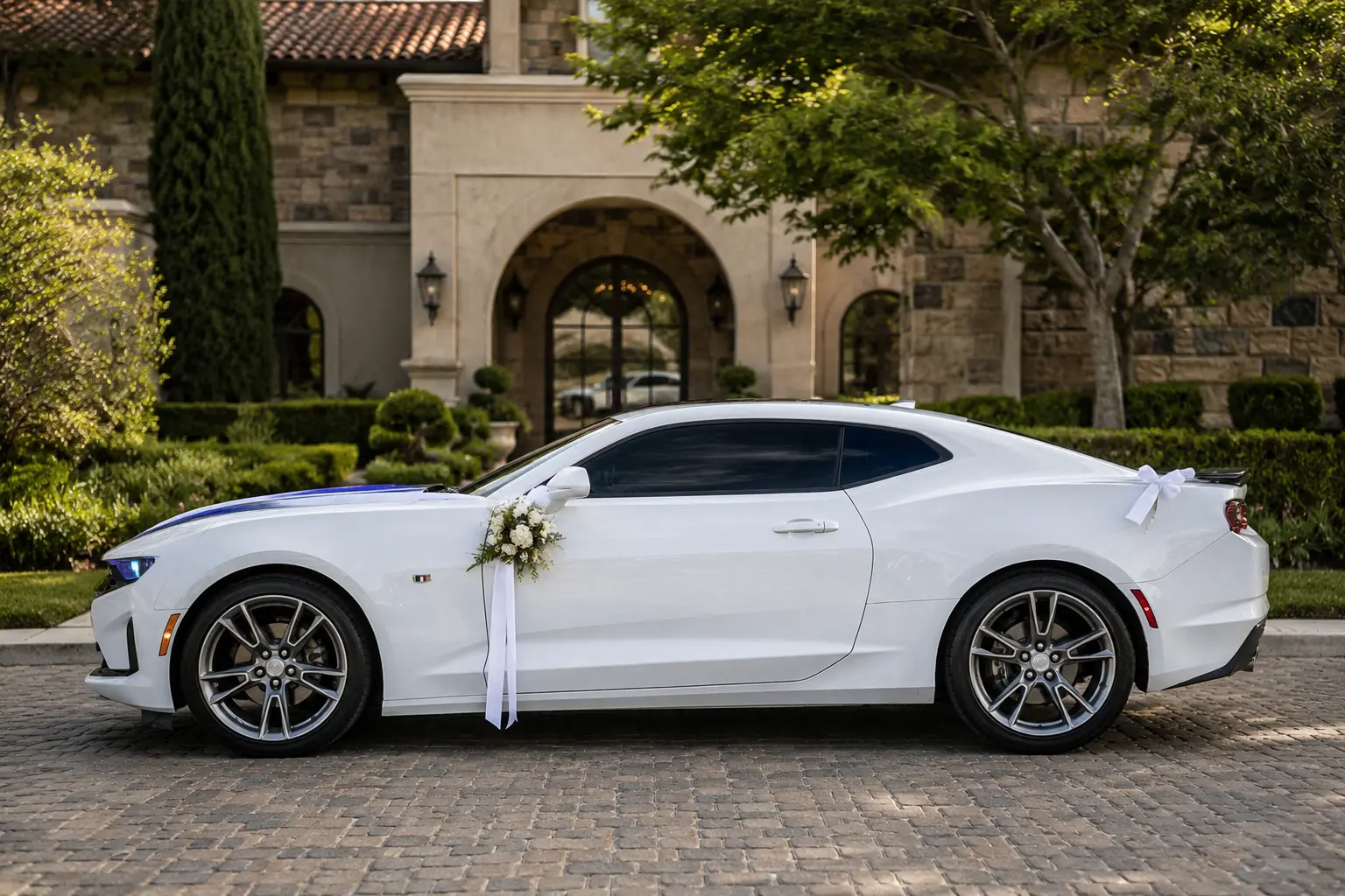 Side profile of the white Camaro RS wedding car with white ribbon and florals