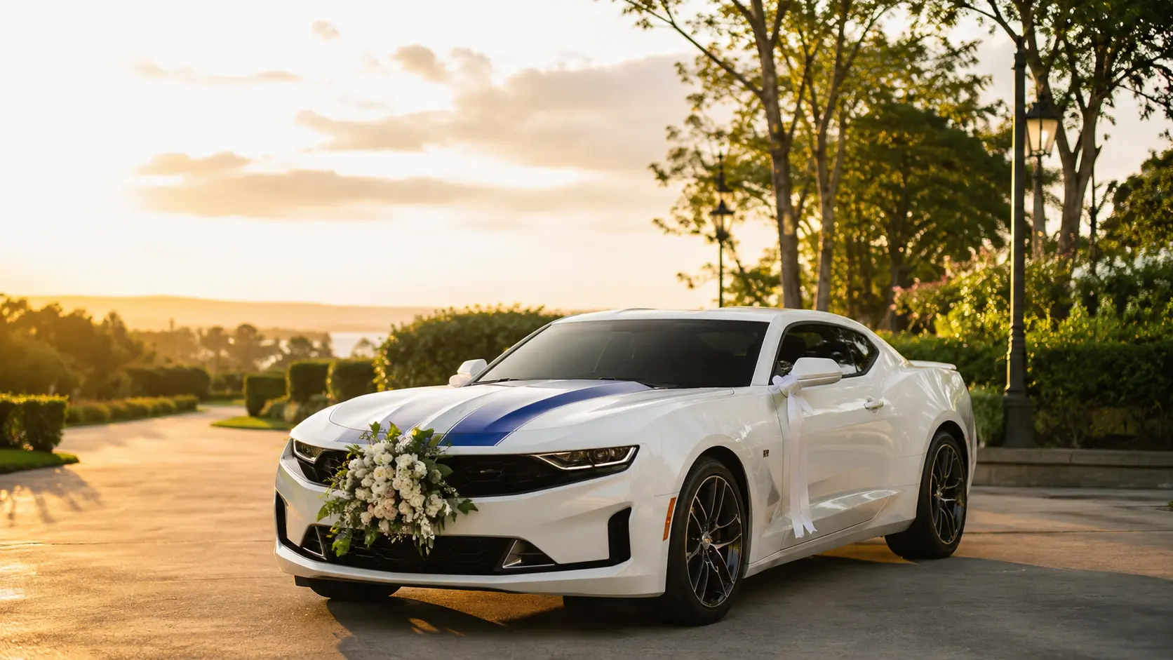 White 2024 Chevrolet Camaro RS with blue rally stripes and bridal florals at golden hour